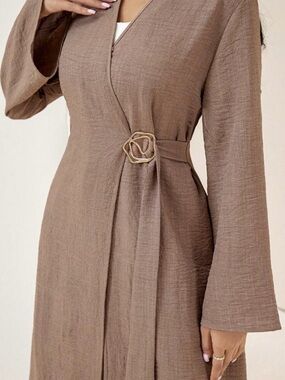 Women's Taupe Wrap Dress with Decorative Buckle